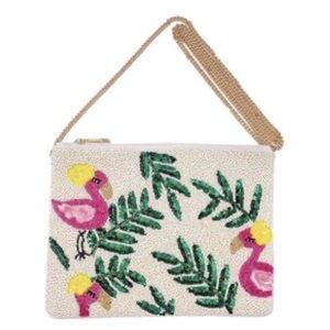 Flamingo Leaf Sequin Crossbody Handbag Beaded White Pink Green Removable Chain